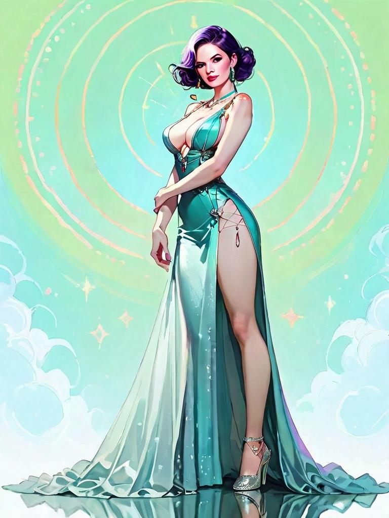 Elegant Woman in Plunging Neckline Satin Gown Digital Illustration