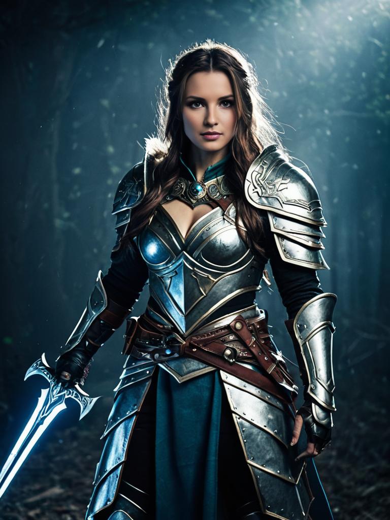 Woman Warrior in Medieval Armor with Glowing Sword in Dark Forest