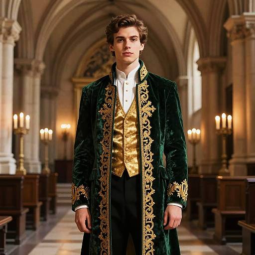 Young Man in Regal Green Velvet Coat with Gold Embroidery in Historic Hall