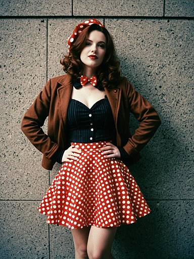 Sassy Sally Costume Woman in Red Polka Dot Skirt and Brown Jacket Vintage Style
