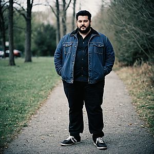 Plus-size man on pathway in denim jacket