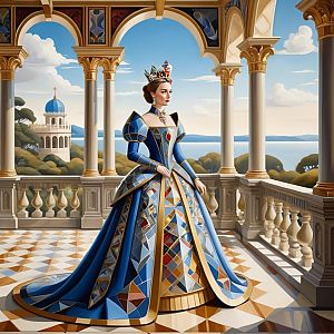 Regal Woman on Balcony Overlooking Landscape