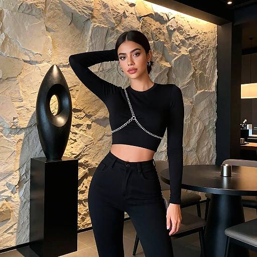 Stylish Woman in Black Crop Top and High-Waisted Pants in Modern Interior