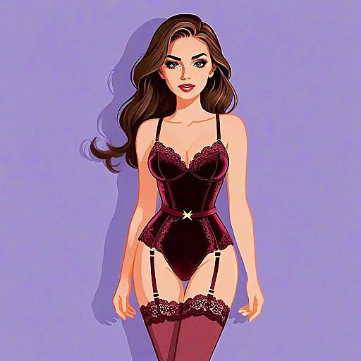 Woman in Deep Burgundy Velvet Boudoir Bodysuit Digital Illustration