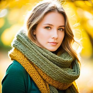 Young Woman in Knitted Scarf in Autumn Setting