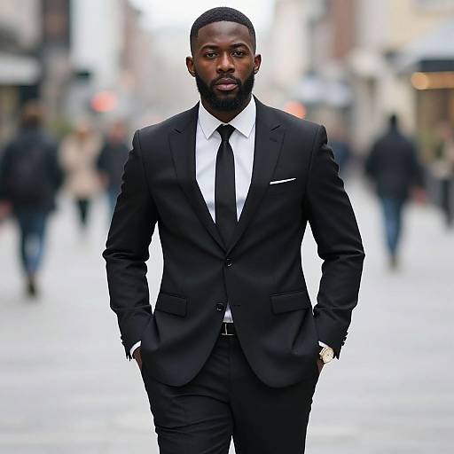 Confident Man in Black Suit Walking on City Street
