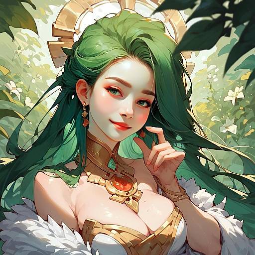 Fantasy Anime Woman with Green Hair and Golden Armor Digital Illustration