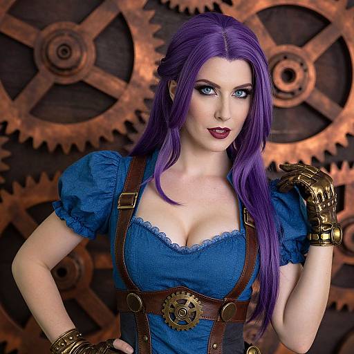 Steampunk Woman with Purple Hair in Blue Corset Dress and Gear Accessories
