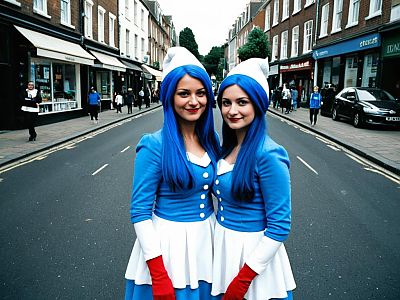 Women in Blue and White Smurf Costume Fancy Dress on Street