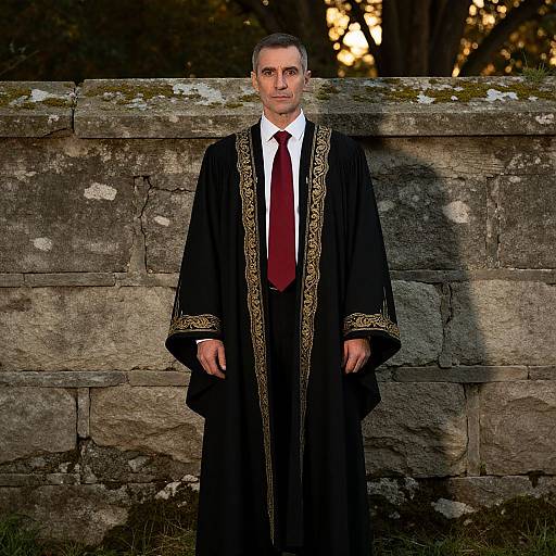 Man in Traditional Academic Gown with Gold Embroidery Standing Outdoors