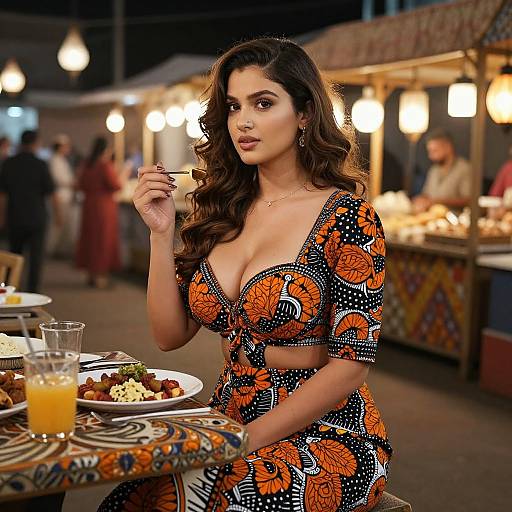 Woman Enjoying Meal in Orange Black Patterned Outfit at Food Market