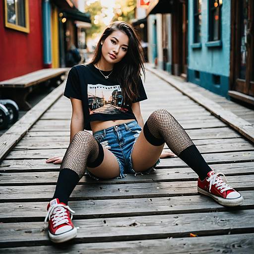 Young Woman in Street Style Sitting on Wooden Tracks in Urban Alley