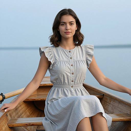 Young Woman in Gray Dress Sitting in Wooden Rowboat on Calm Lake