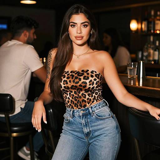 Trendy Woman in Leopard Print Top and Jeans at Stylish Bar