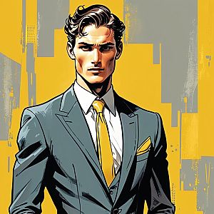 Confident Man in Gray Suit with Yellow Tie