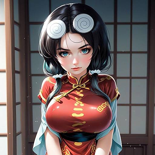 Anime-Style Illustration of Woman in Red Cheongsam with Spiral Hair Accessories