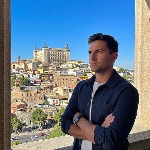 Young Man with Arms Crossed Looking at Toledo Cityscape Under Clear Blue Sky
