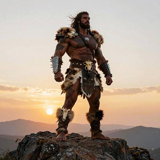 Tribal Warrior Man Standing on Rocky Hill at Sunset