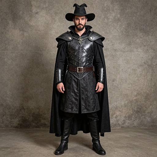 Man in Black Fantasy Wizard Costume with Leather Armor and Cape