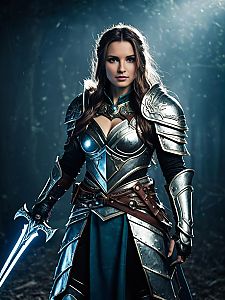 Woman Warrior in Medieval Armor with Glowing Sword in Dark Forest