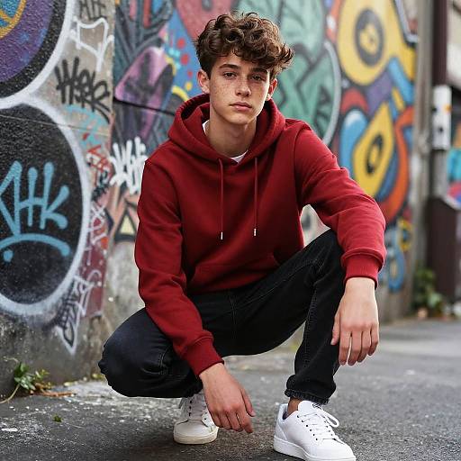Gen Z Teen Boy in Red Hoodie Posing by Graffiti Wall
