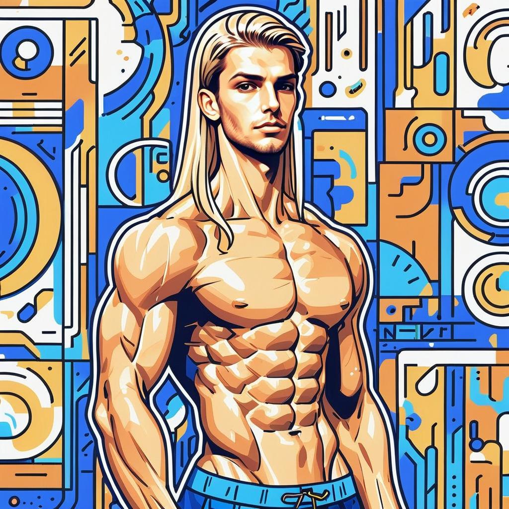 Muscular Man with Long Blonde Hair in Geometric Background
