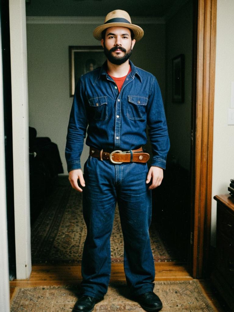 Man Wearing Vintage Denim Jumpsuit with Fedora Hat Indoors