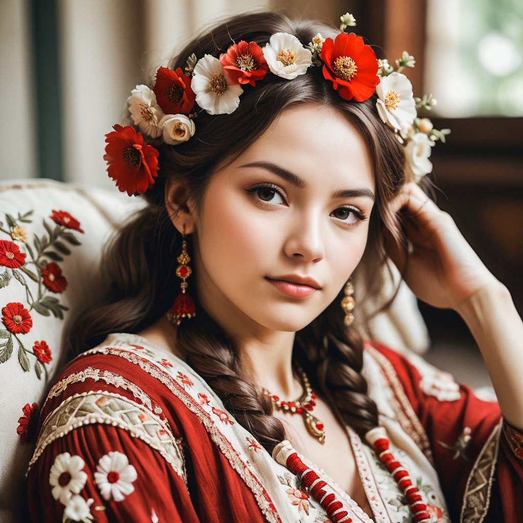Serene Woman with Floral Crown in Traditional Garment