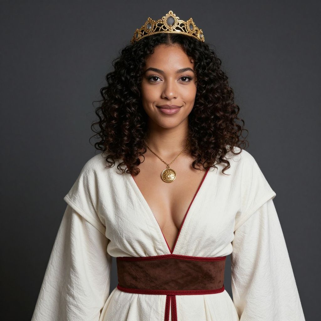 Young Woman Wearing Regal Crown and White Dress with Pendant Necklace