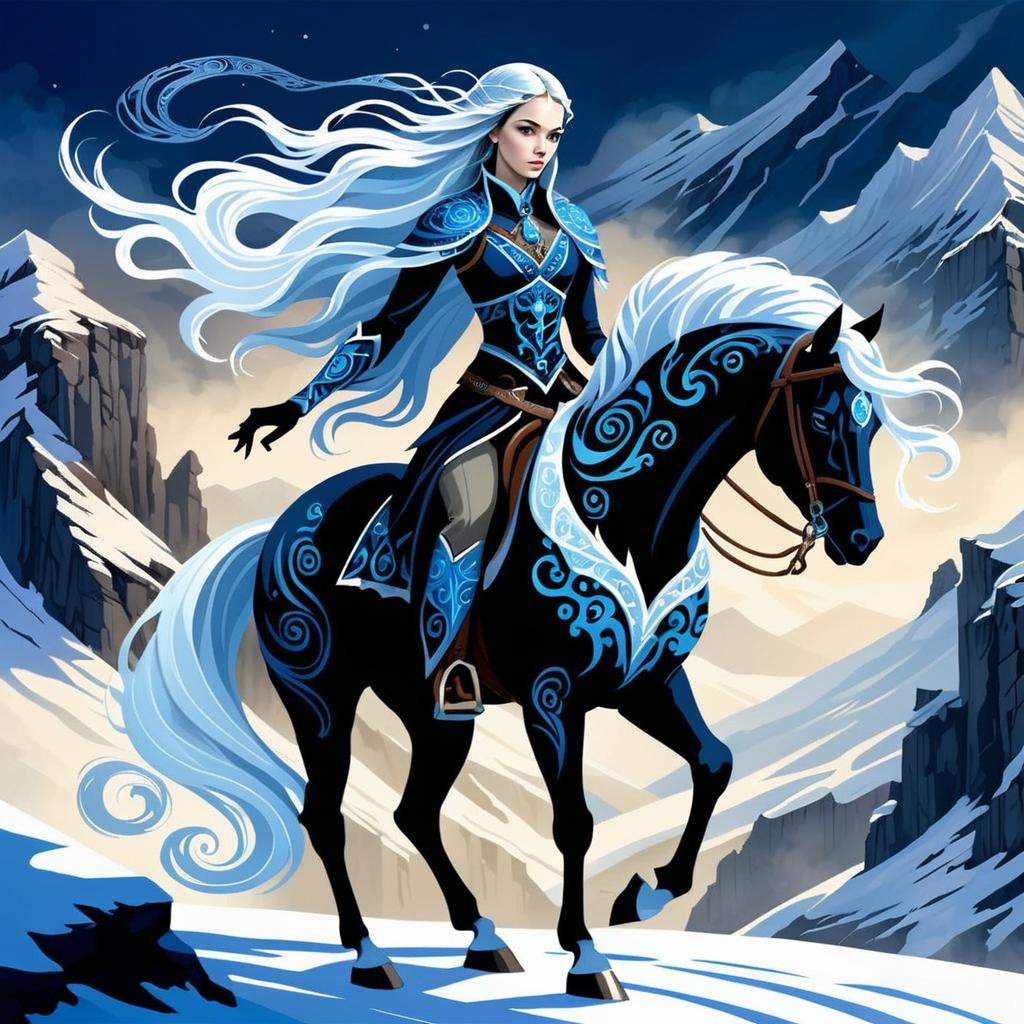 Elegant Woman on Black Horse in Snowy Mountains Elegant Woman on Black Horse in Snowy Mountains