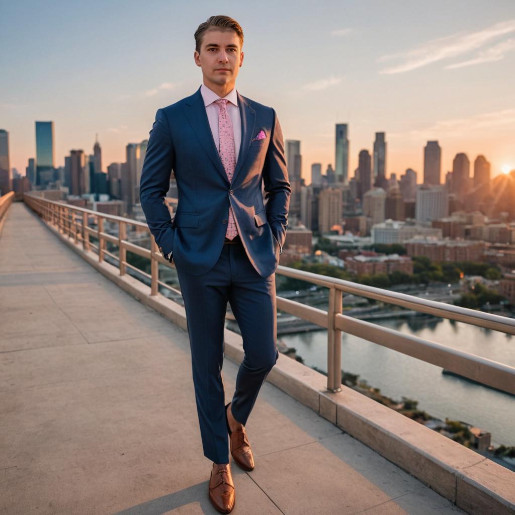 Stylish Man in Suit on City Bridge at Sunset