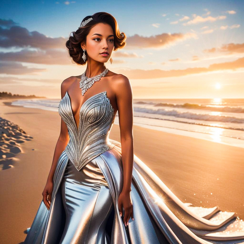 Elegant Woman in Silver Gown at Sunset Beach Elegant Woman in Silver Gown at Sunset Beach
