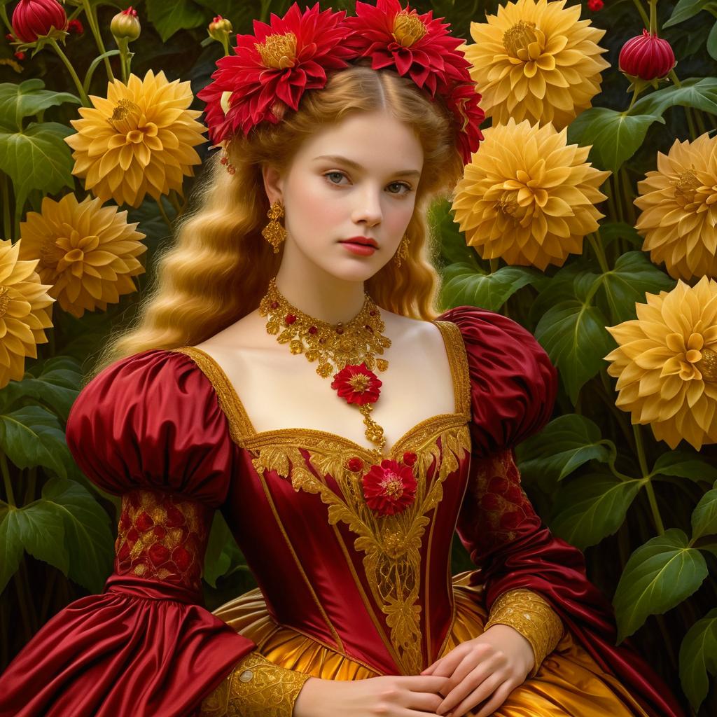 Young Woman in Medieval Gown Surrounded by Dahlias