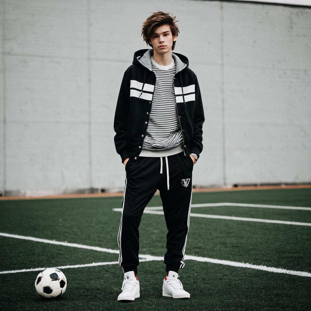 Young Man in Sportswear Standing on Soccer Field with Ball