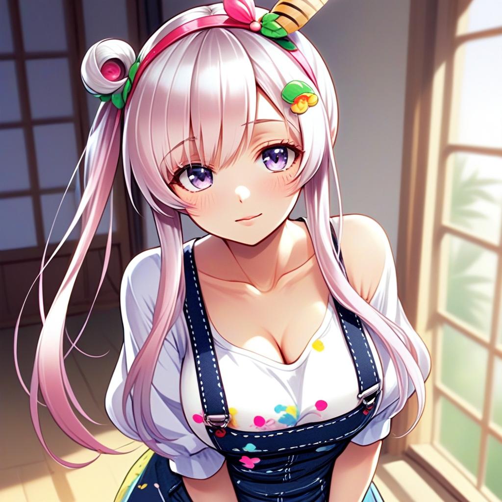 Anime Girl with Pink Hair in Colorful Overalls Digital Art
