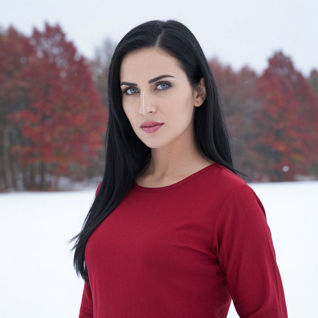 Portrait of Woman in Red Top Against Snowy Autumn Background