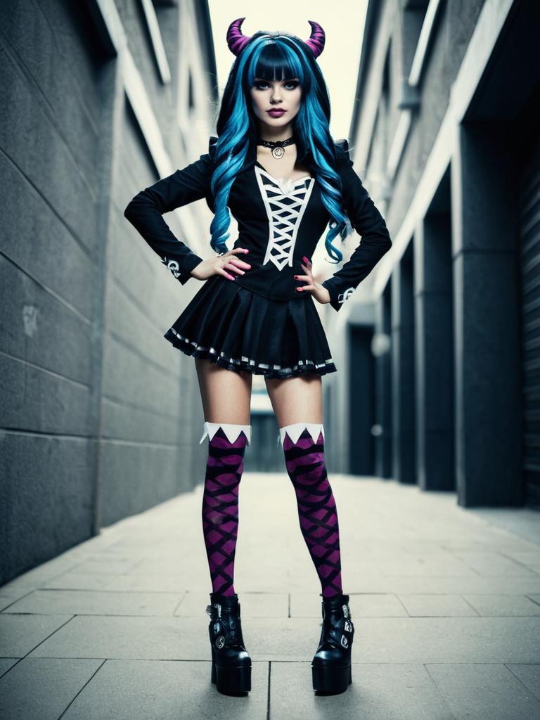 Woman in Monster High Costume with Blue Hair and Gothic Dress Cosplay Woman in Monster High Costume with Blue Hair and Gothic Dress Cosplay