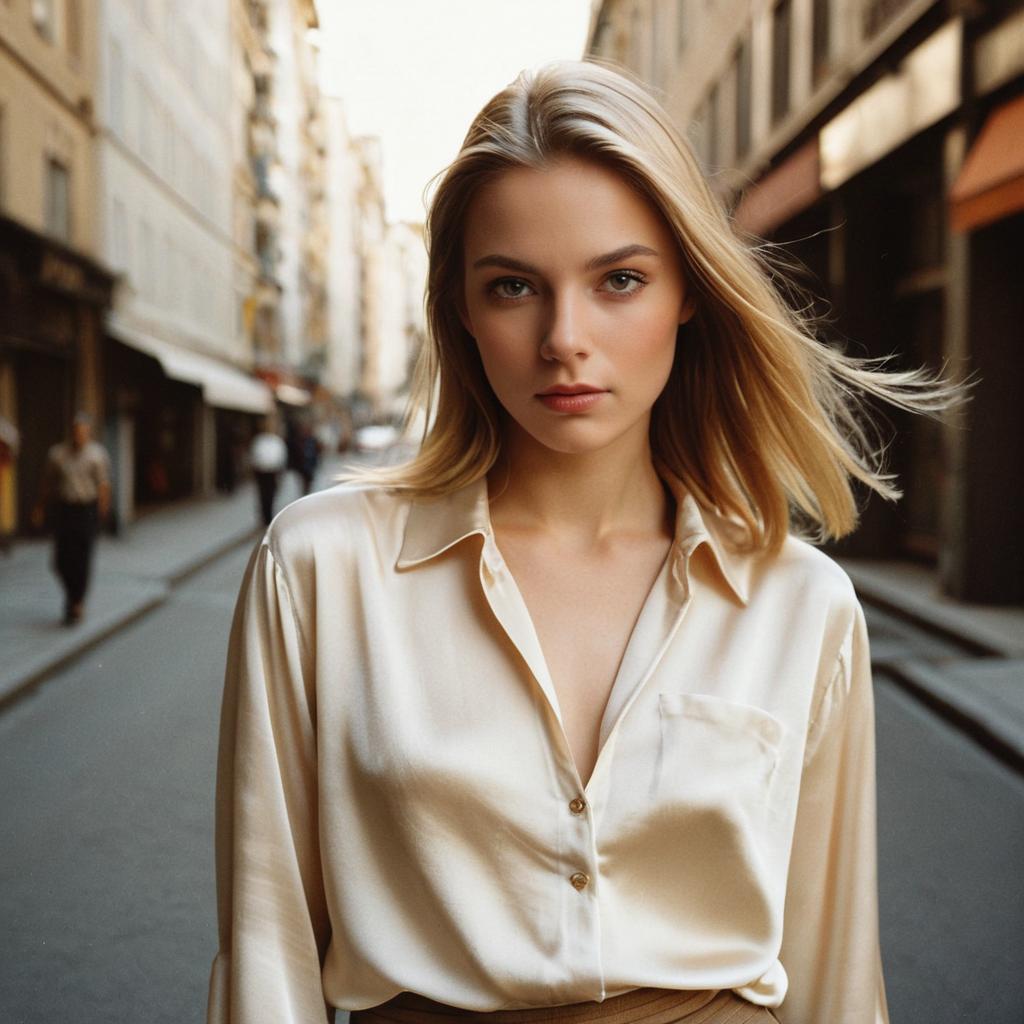 Elegant Blonde Woman in Silky Blouse on City Street