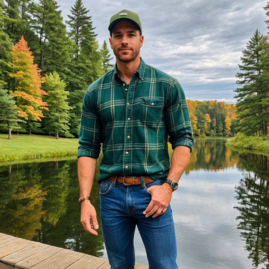 Man in Green Plaid Shirt Standing by Autumn Lake on Wooden Dock