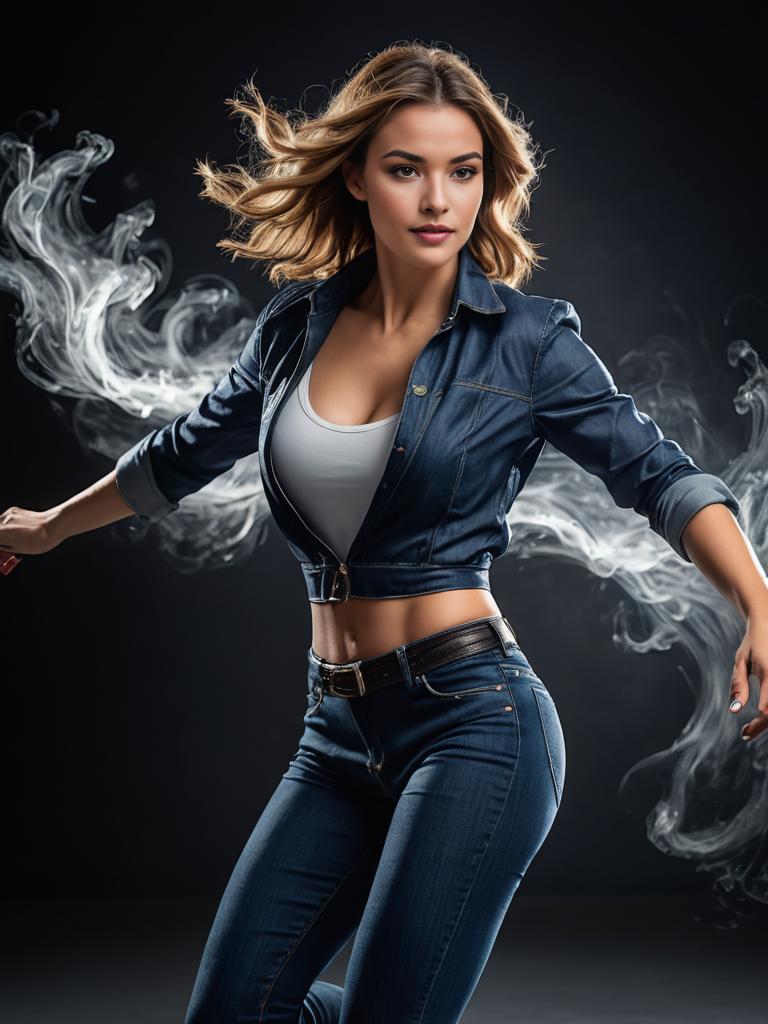 Stylish Woman in Motion with Dark Background and Smoke Effects