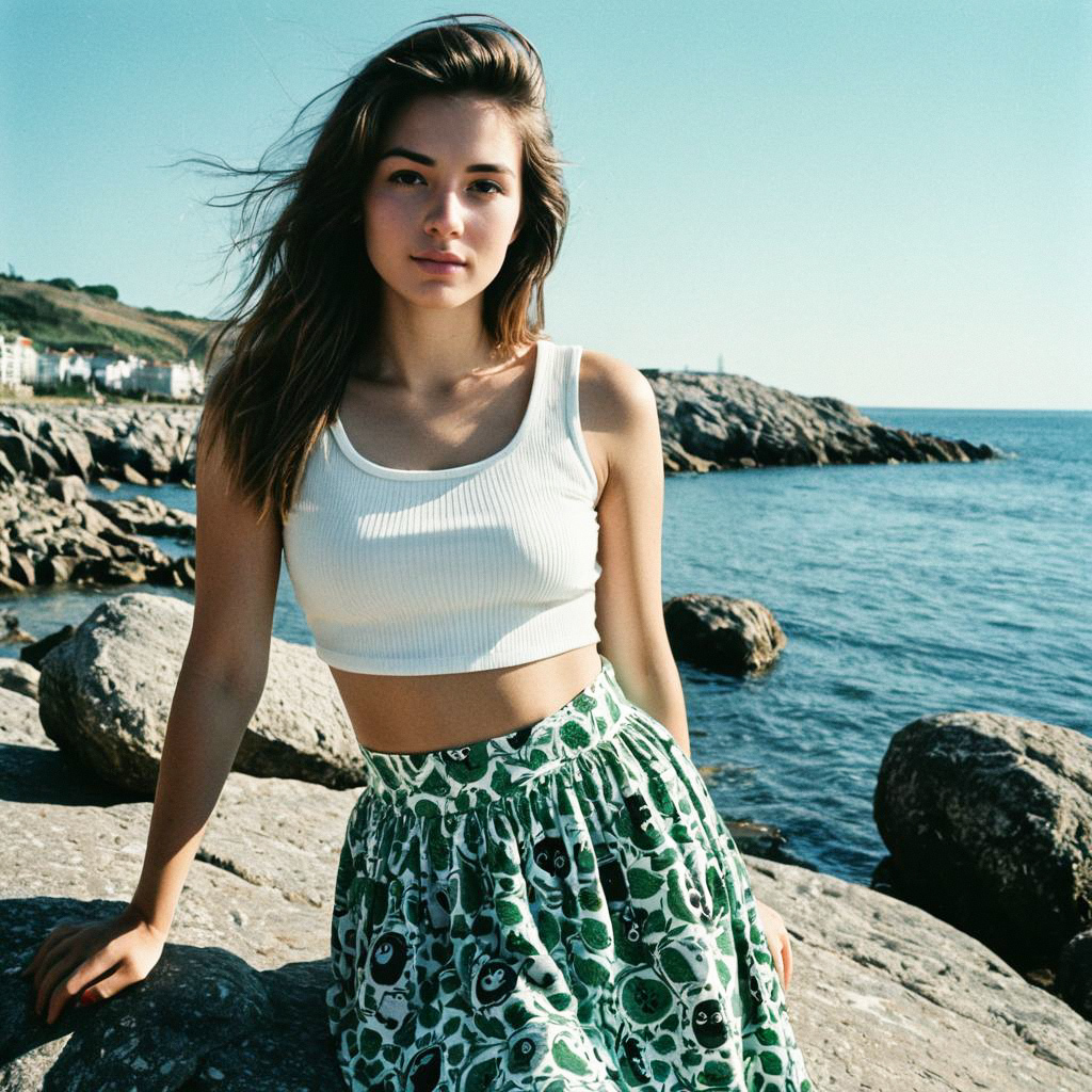 Young woman on rocky coastline with blue sea Young woman on rocky coastline with blue sea