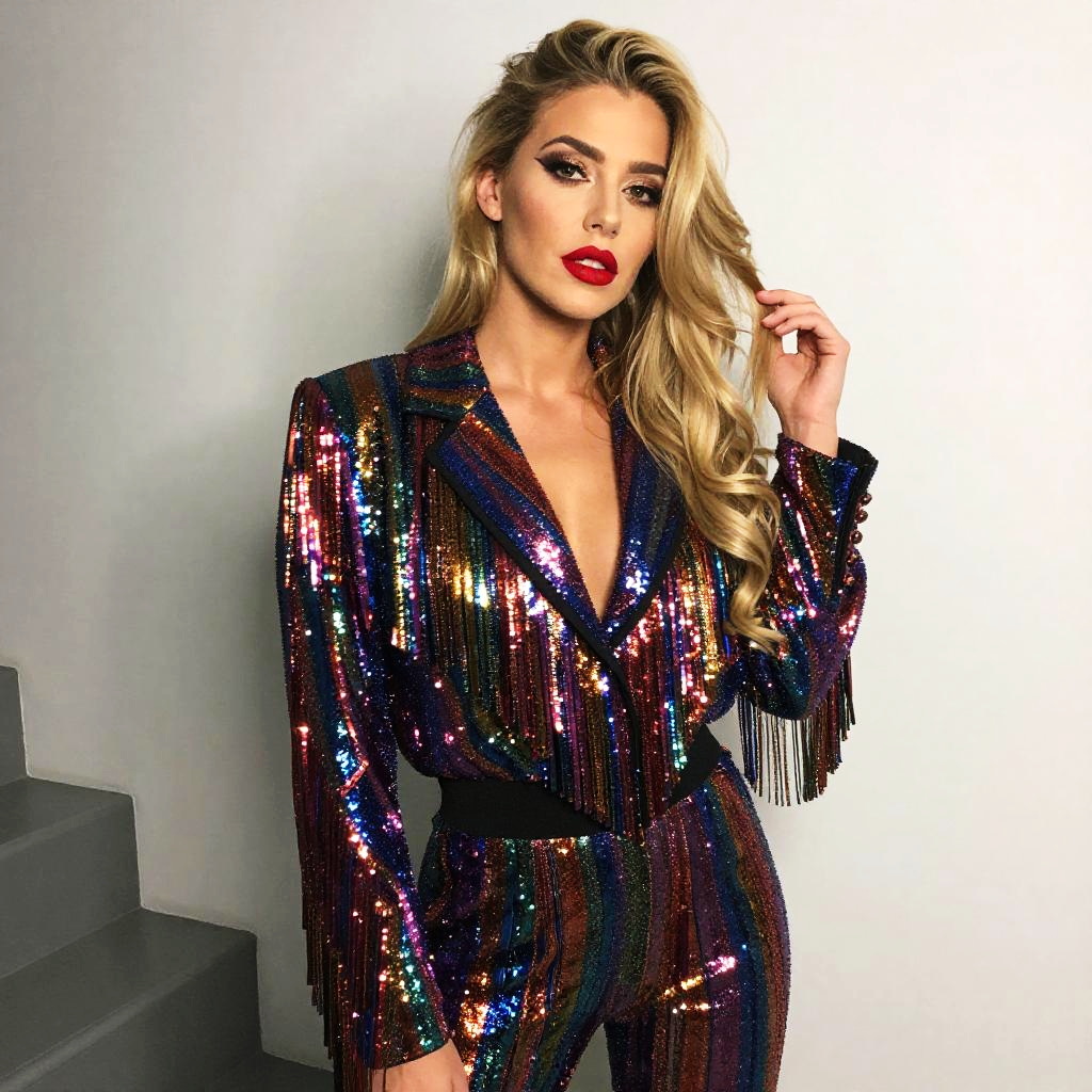 Woman in Multicolored Sequin Blazer and Pants Outfit