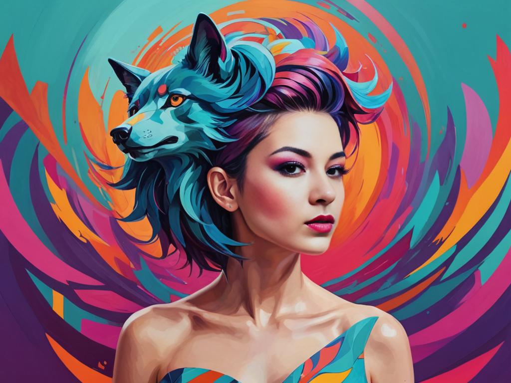 Young Woman with Wolf-Cut Hairstyle and Illustrated Wolf