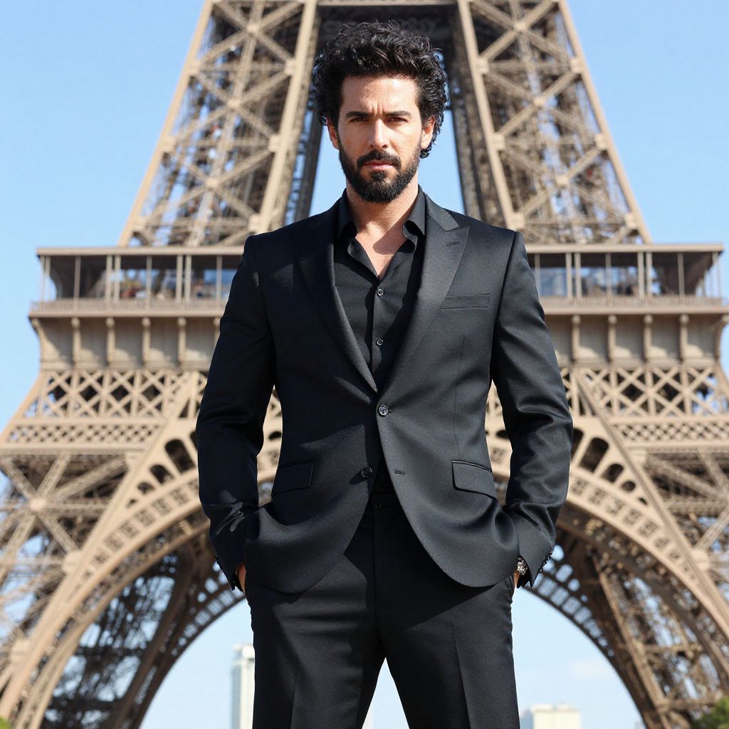 Man in Black Suit Posing by Eiffel Tower in Paris