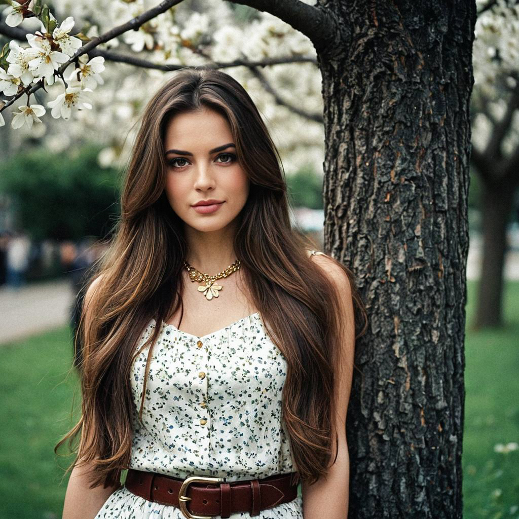 Young Woman in Floral Dress by Blooming Tree Young Woman in Floral Dress by Blooming Tree