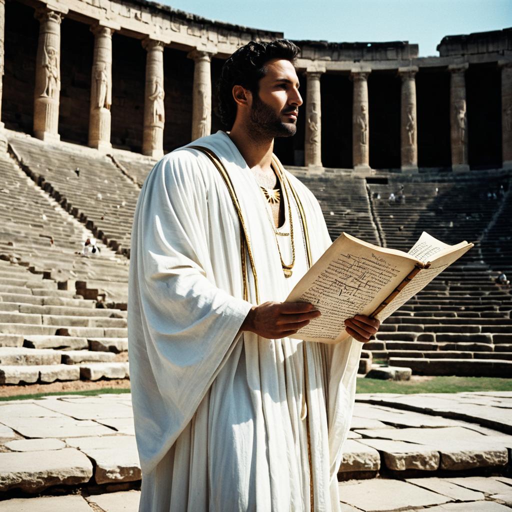 Man in Roman Robes Holding Manuscript in Ancient Amphitheater