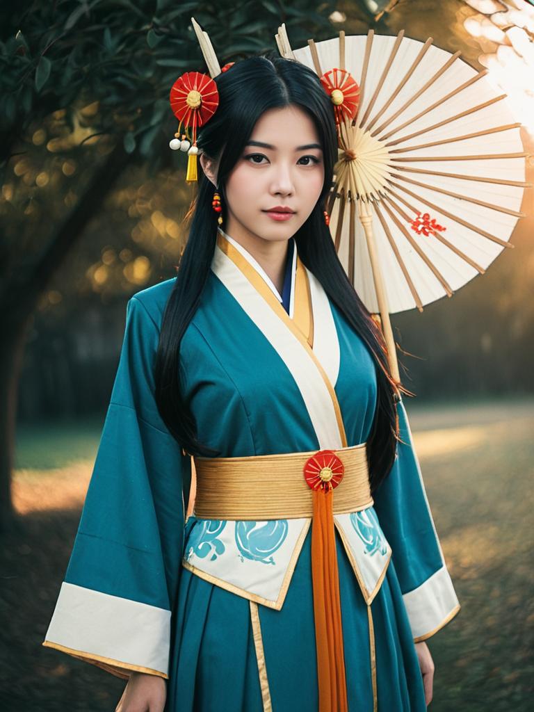 Elegant Lan Fan Character Cosplay Woman with Paper Parasol