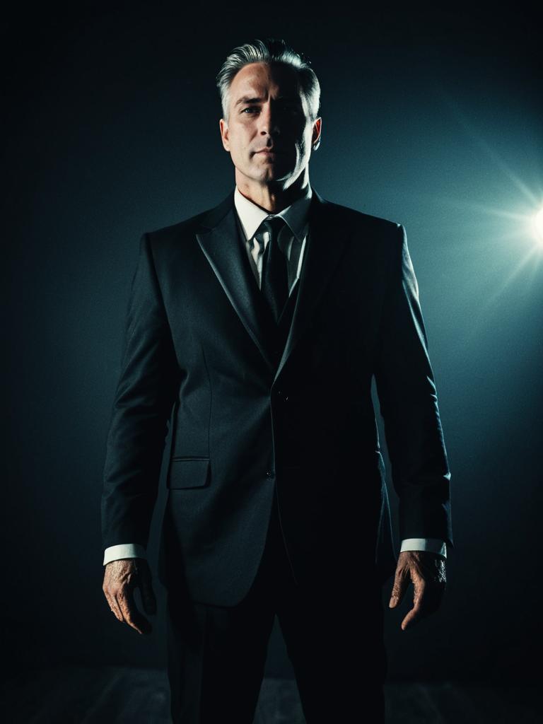 Confident Man in Black Suit with Dramatic Lighting