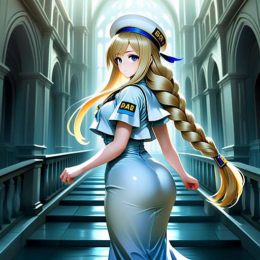 Alicia Florence Anime Woman in Sailor Uniform in Cathedral Hallway