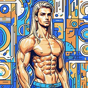 Muscular Man with Long Blonde Hair in Geometric Background